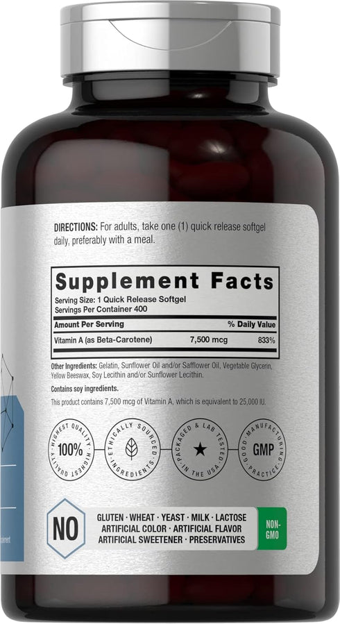 Horbaeach Beta Carotene 25000 IU Softgels | 7,500 mcg | 400 Count | Non-GMO and Gluten Free Formula | Vitamin A as Beta-Carotene Supplement | Value Size