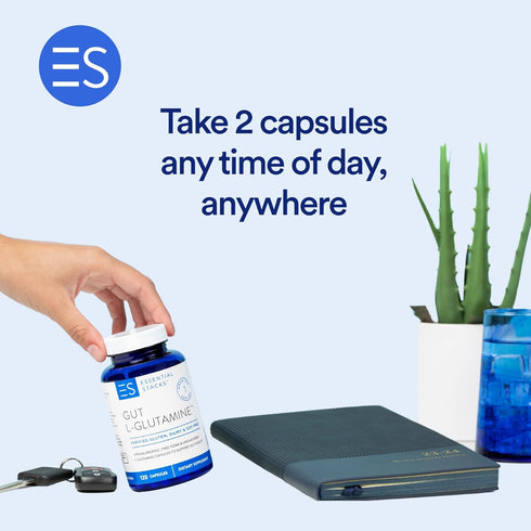 Essential Stacks Gut L-Glutamine Capsules 1000mg - Non-GMO for Gut Health, 60 Serves (120 Caps)
