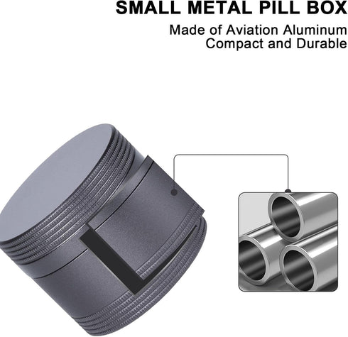 Small Pill Case, Metal Waterproof Pill Box, Round Aluminum Alloy Storage Organizer for Vitamins (Gray)