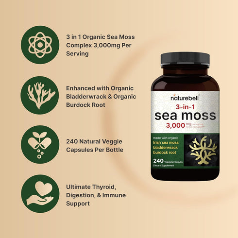 Irish Sea Moss Capsules 3,000mg, 240 Veggie Pills, Immune & Thyroid Superfood Support, Non-GMO