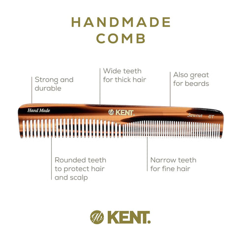 Kent 6T 6.9 Inch Double Tooth Hair Dressing Comb for Hair, Beard, and Mustache, Coarse and Fine Hair Styling, Made in