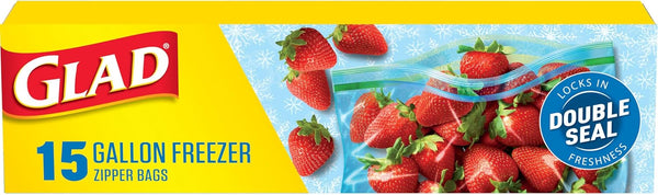 Glad Zipper Freezer Storage Plastic Bags, Gallon, 15 Count
