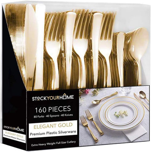 Gold Plastic Silverware Set - 160 Bulk Pack with 80 Forks, 40 Knives, 40 Spoons, Heavy Duty Disposable Cutlery