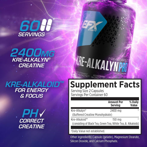 EFX Sports Kre-Alkalyn Pro, pH Correct Creatine Monohydrate Pill Supplement for Muscle Building Pre Workout