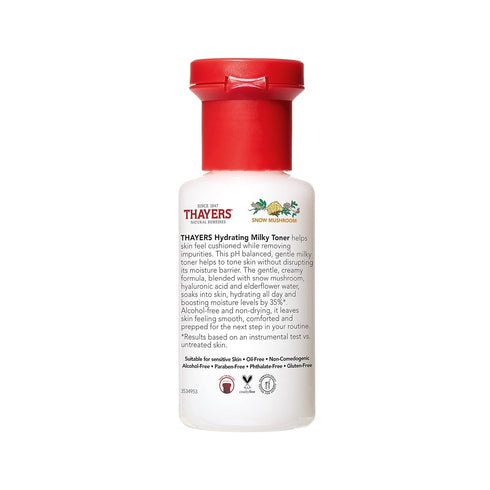 Thayers Milky Hydrating Face Toner with Snow Mushroom, Hyaluronic Acid and Elderflower, Dermatologist Recommended Gentle Alcohol Free Facial Skincare for Dry and Sensitive Skin, Paraben Free, 3 FL oz