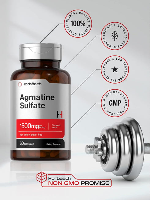 Horbaach Agmatine Sulfate Capsules 1500mg - 60 Pills, Pharmaceutical Grade, Non-GMO