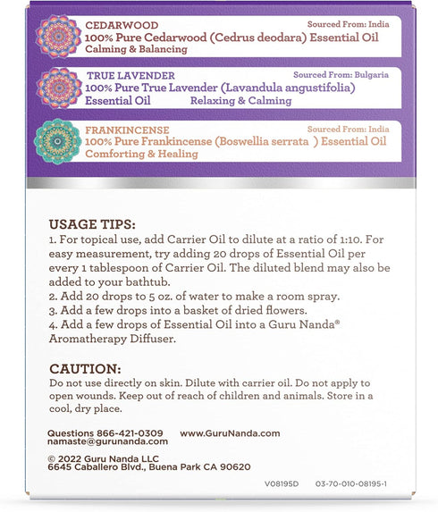 GuruNanda Sleep Essential Oil Set (Pack of 3 x 0.34 Fl Oz) - Pure Cedarwood, Frankincense & Lavender Oils