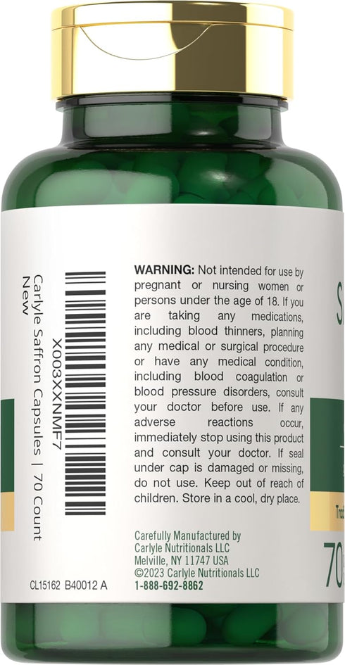 Carlyle Saffron Extract Capsules - 88.5mg, 70 Count, Non-GMO & Gluten Free Supplement