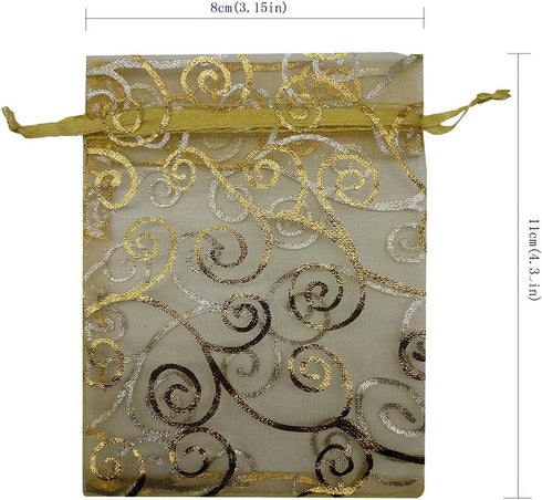 100pcs Sheer Organza Favor Bags, Rattan Print Gift Bags for Wedding Baby Shower, 3x4 inch, Gold