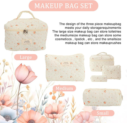 3Pcs Floral Quilted Makeup Bag Set, Aesthetic Large Capacity Travel Bags
