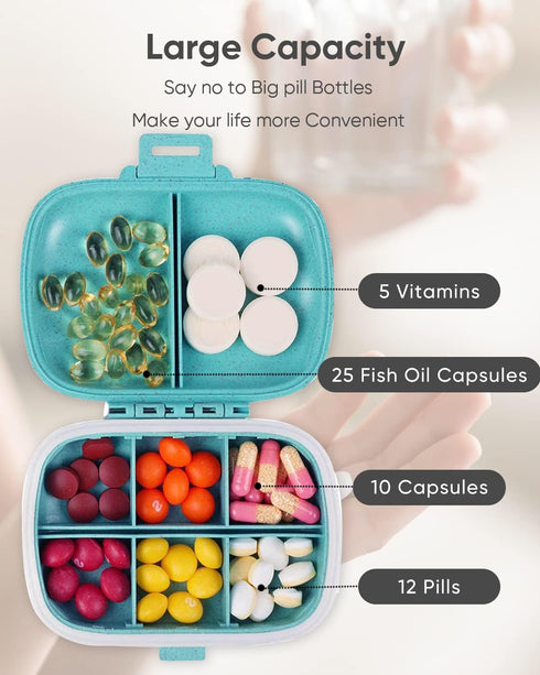 Holii Travel Pill Organizer, 8 Compartments Portable Pill Case, Daily Pill Box for Vitamins, Small Pill Container
