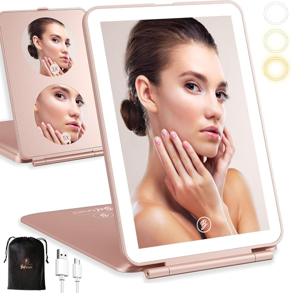 Portable Rechargeable Travel Makeup Vanity Mirror - Dimmable LED Lights, 3 Lighting Modes, Rose Gold