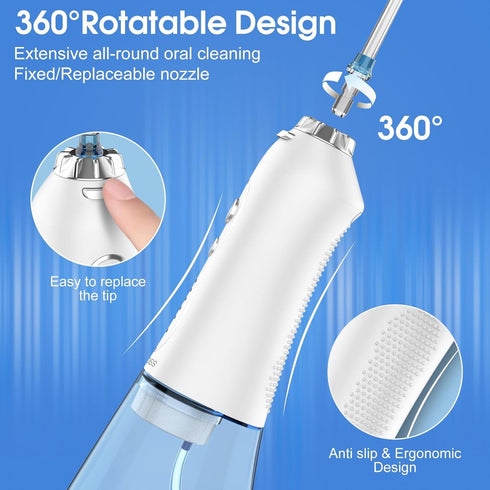 H2ofloss Portable Water Dental Flosser with 5 Modes, 6 Replaceable Jet Tips, Rechargeable, IPX7 Waterproof, 300ml
