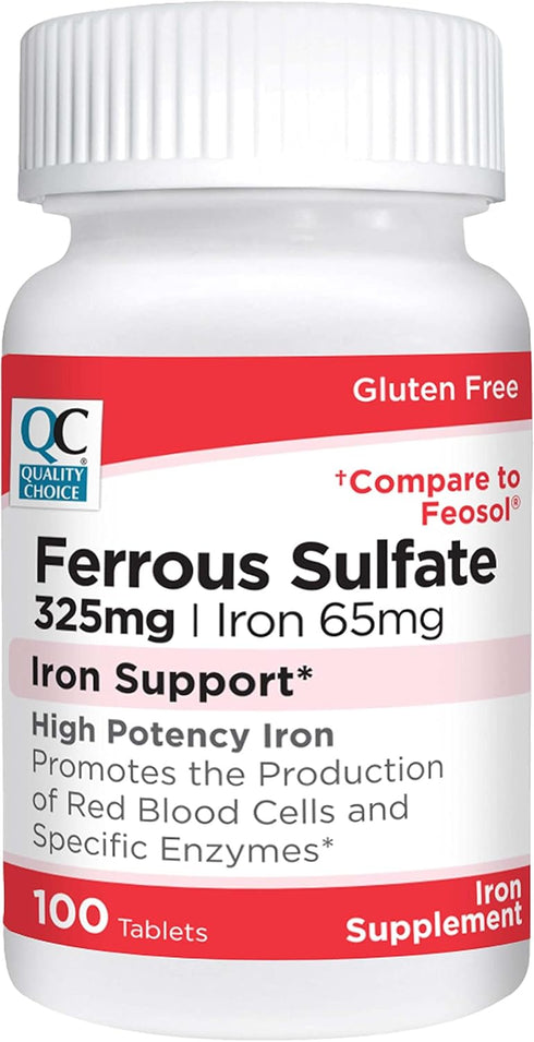 Quality Choice Iron 65 mg (325 mg Ferrous Sulfate) High Potency Supplement Tablets, 100 Count