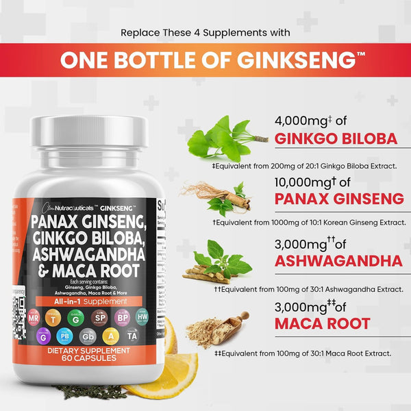 Clean Nutraceuticals Panax Ginseng 10000mg, Ginkgo Biloba 4000mg, Ashwagandha, Maca Root 3000mg - Focus Supplement