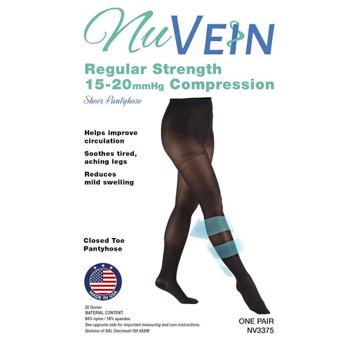 NuVein Compression Pantyhose, Women's Sheer Nylon Tights - 15-20 mmHg Support, Closed Toe, Black, Extra Tall
