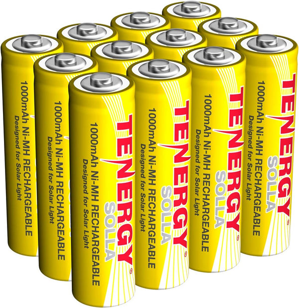 Tenergy Solla Rechargeable NiMH AA Battery - 1000mAh Solar Batteries for Solar Garden Lights, 12 Pack
