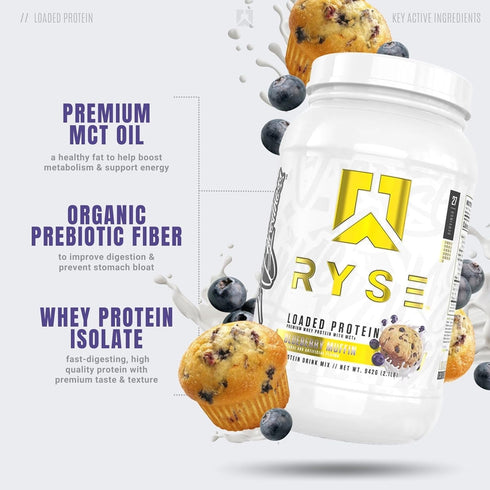 RYSE Up Supplements Loaded Protein Powder - 25g Whey Protein Isolate, Low Carbs & Sugar, 27 Servings (Blueberry Muffin)
