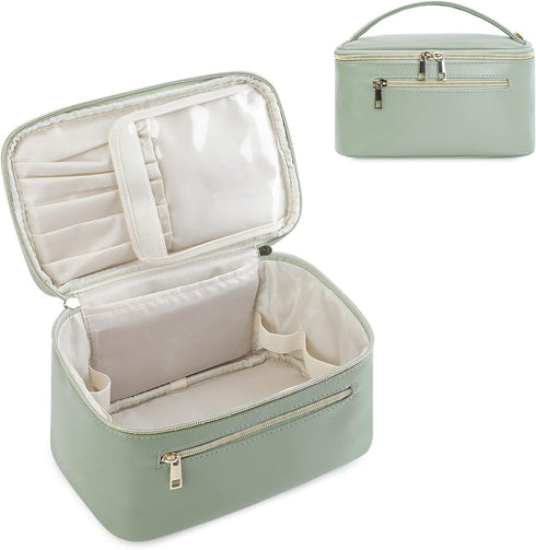 Wandering Nature Makeup Bag, Travel Organizer Cosmetic Brush Case for Women in Eco Vegan Leather, Green
