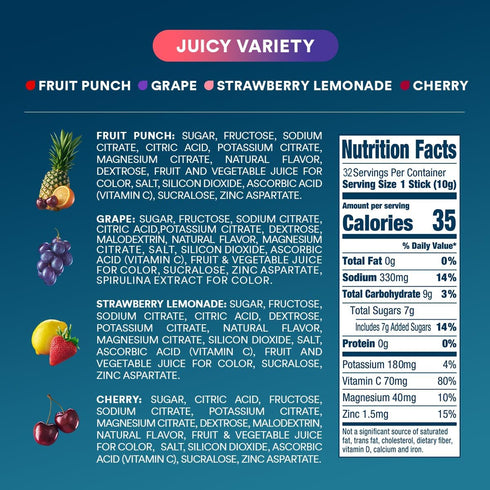 DripDrop Hydration Juicy Variety Pack - Electrolyte Drink Mix Single-Serve Packets, 32 Servings, Grape, Punch, Lemonade