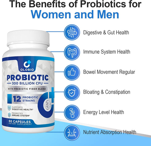 300 Billion CFU Probiotic, 12 Probiotic Strains + 3 Prebiotics, Daily Supplement for Digestive Health, 120 Counts