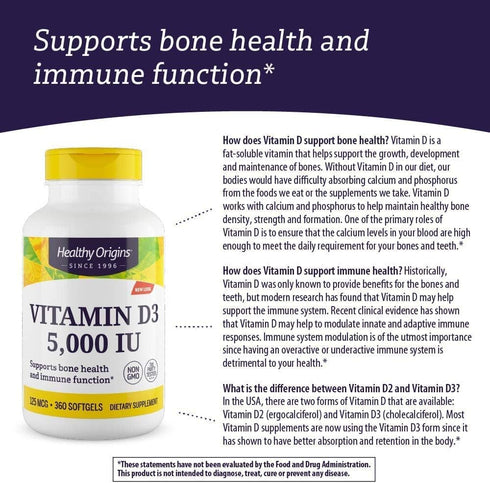 Healthy Origins Vitamin D3 5,000 IU - Immune Support & Bone Health Supplement - 360 Gluten-Free Softgels