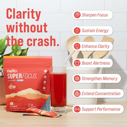 Packets (Pack 20) (20 Nello Superfocus Nootropic Focus Drink Mix for Productivity, Caffeine, L-Theanine, Rhodiola