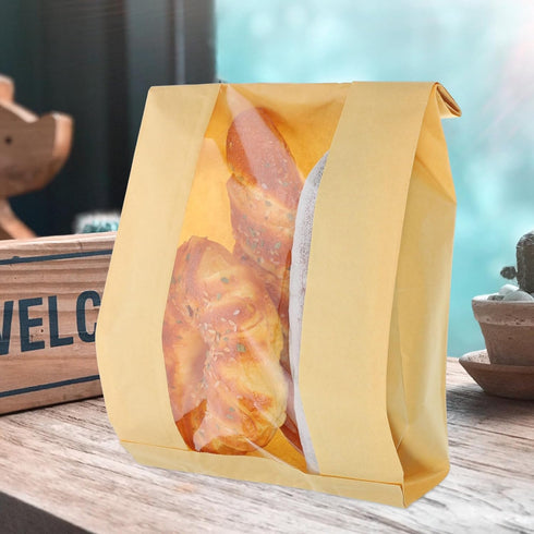 STAHAD 100Pcs Packaging Kraft Paper Bread Bags with Window Large Oil-Resistant Toast Bags for Homemade Bread Bakery