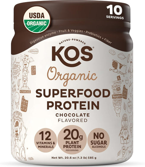 KOS Vegan Protein Powder, Chocolate USDA Organic - Low Carb Pea Protein Blend, 10 Servings