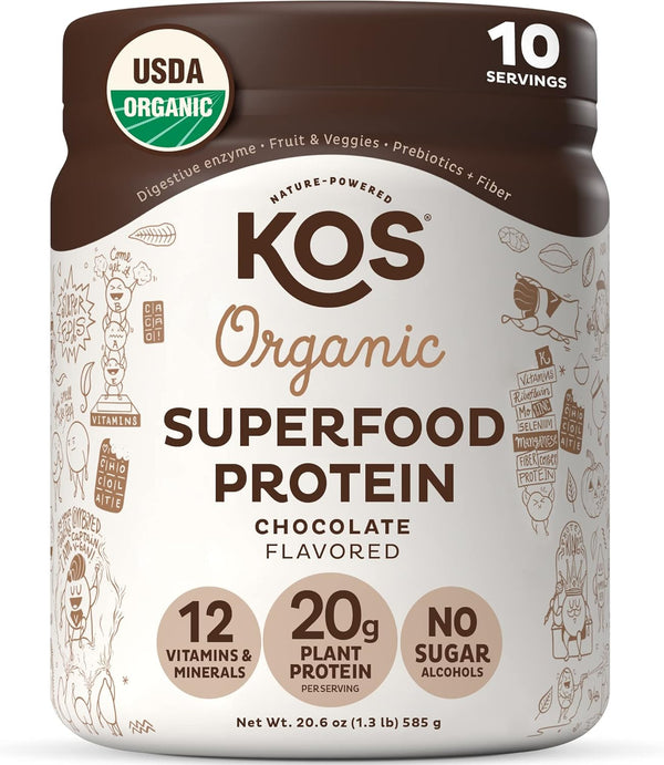 KOS Vegan Protein Powder, Chocolate USDA Organic - Low Carb Pea Protein Blend, 10 Servings