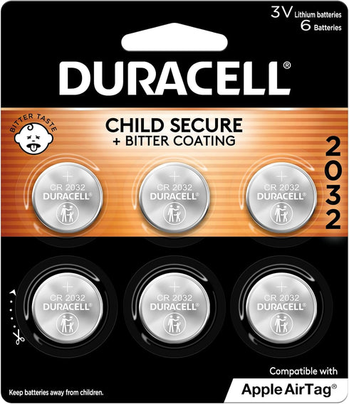 Duracell 2032 Lithium Battery, 6 Count Pack, Child Safety Features, Compatible with Apple AirTag, Key Fob
