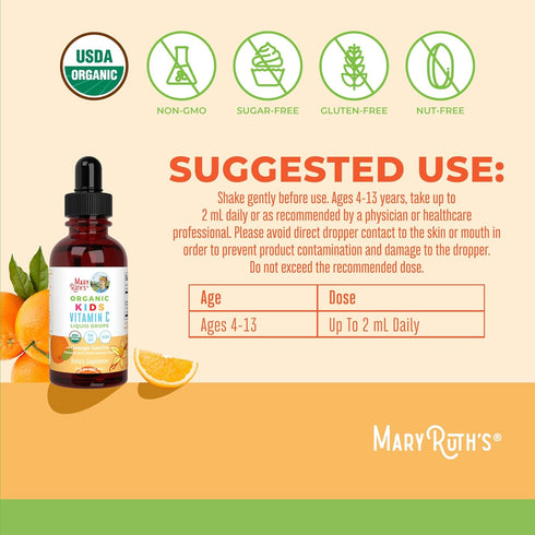 MaryRuth Organics USDA Kids Vitamin C Drops, Vegan Immune Support Supplement for Ages 4-13, 2oz