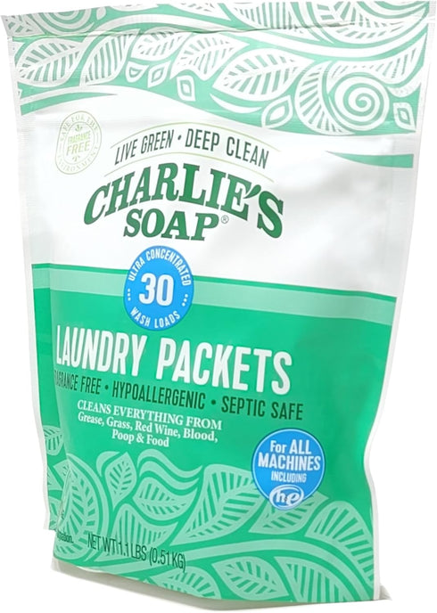Packets 30 (1 Pack) Charlies Soap Fragrance Free Powdered Laundry Detergent Pods