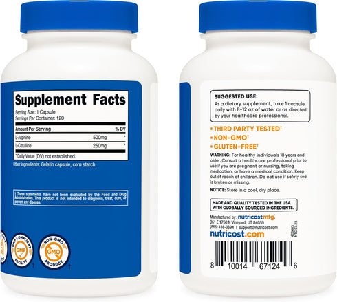 Nutricost L-Arginine L-Citrulline Complex 750mg, 120 Capsules - Non-GMO