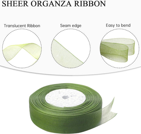 3/4 Inch Sage Green Sheer Organza Ribbon, 50 Yards Chiffon for Gift Wrapping, Father's Day, Wedding Crafts