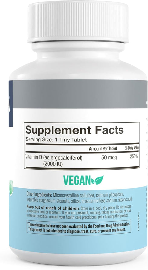 FREEDA Vitamin D2 2000 IU, Vegan Vitamin D for Bone Strength & Immune Support, 100 Tiny Tablets