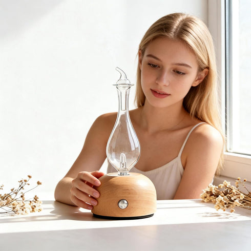 TERBRACO Waterless Essential Oil Diffuser - Electric Wood Glass Ultrasonic Fragrance Aromatherapy Scent Aroma Diffuser