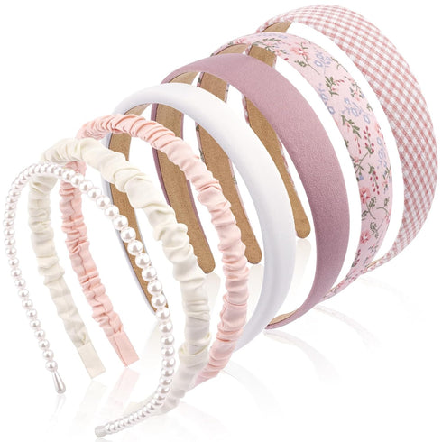 VELSCRUN 7 Pcs Headbands for Women, Fashion Pink Solid Non-Slip Hair Bands, Pearl Headband