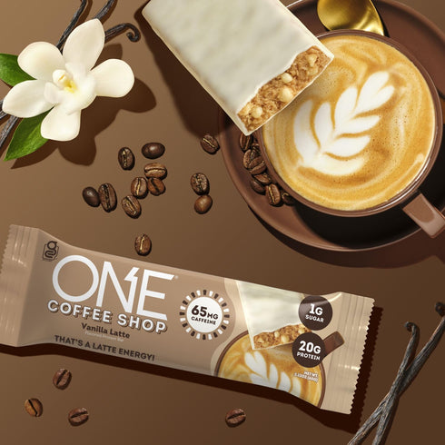 ONE Caffeinated Protein Bars, Vanilla Latte, Gluten Free, 20g Protein, 65mg Caffeine Energy, 2.12 oz (12 Count)