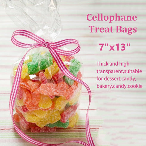 Morepack Bags,200 7x13 Inches Gusset, Cello Cellophane Treat Pieces Clear Plastic Gift Bags with Twist Ties,Party Favor