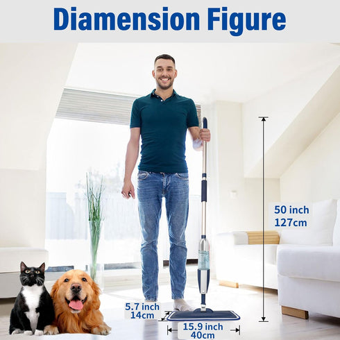 Wet Spray Mop for Floor Cleaning, Refillable Spray Bottle with 3 Washable Microfiber Pads, Home or Commercial Use, Blue