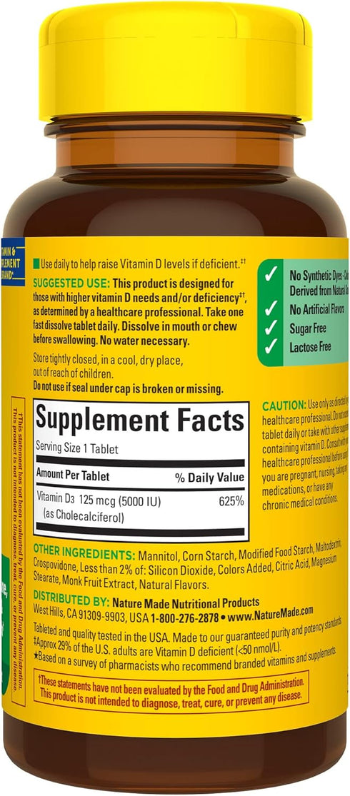 Nature Made Extra Strength Vitamin D3 5000 IU - 70 Sugar Free Fast Dissolve Tablets for Immune Health