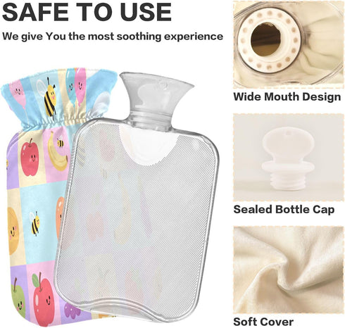 tplaotee 2L Tummy Warmer,Tummy Cartoon Fruits Bee hot Waterbottle with Soft Cover, Water Bottle Bag for Warmer,Bolsa de