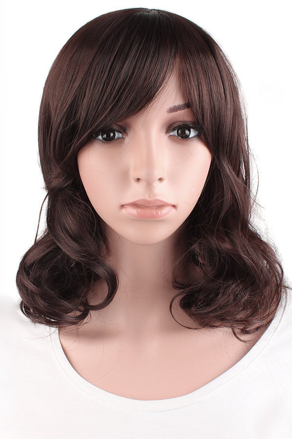 MapofBeauty 16 Inch Medium Curly Wig, Dark Brown, Daily Use Side Bangs