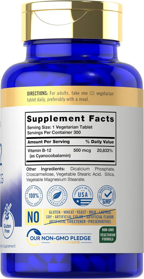 Carlyle Vitamin B-12 500mcg | 300 Tablets | Vegetarian, Non-GMO, Gluten Free Supplement