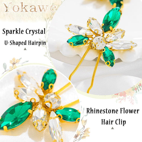 Yokawe Wedding Hair Pins, Gold Rhinestone Bridal Hairpin, Green Crystal Headpiece Hair Accessories for Women (Pack of 5)