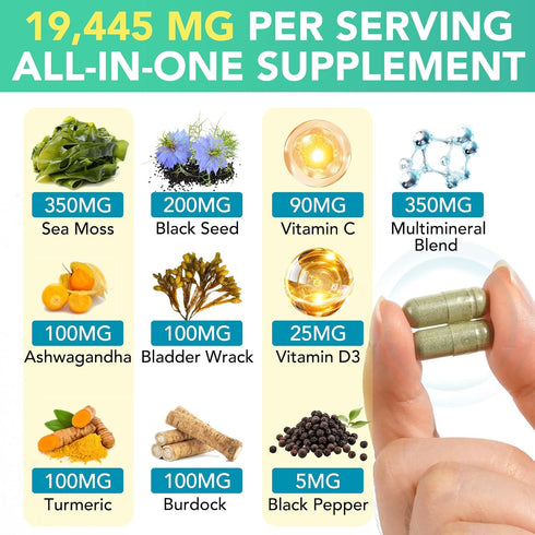HUYEHF D3 Immunity 60 Count Sea Moss Black Seed Oil Ashwagandha Ginger, Sea Moss Capsule Supplement with Turmeric