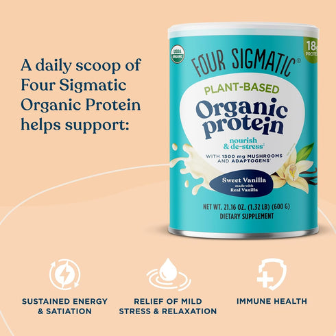 Four Sigmatic Organic Vegan Protein Powder, 18g Plant-Based Protein per Serving, Gluten Free, 21.16oz, 15 Servings