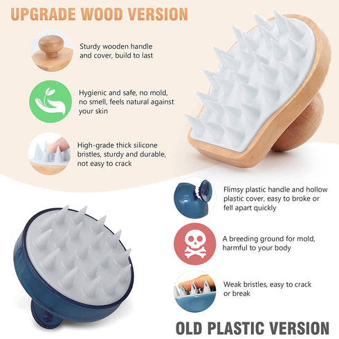 Scalp Massager Shampoo Brush, Wooden Wet and Dry Hair Scalp Care Brush, Exfoliator with Soft Silicone Bristles