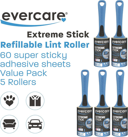 Evercare All Purpose Lint Brush, Value Pack with 5 Rollers (300 Sheets Total), Blue